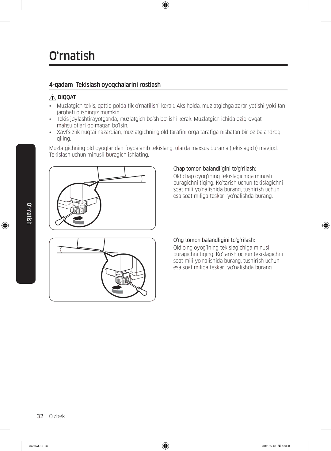 Samsung RR39M7140SA/WT manual Qadam Tekislash oyoqchalarini rostlash 